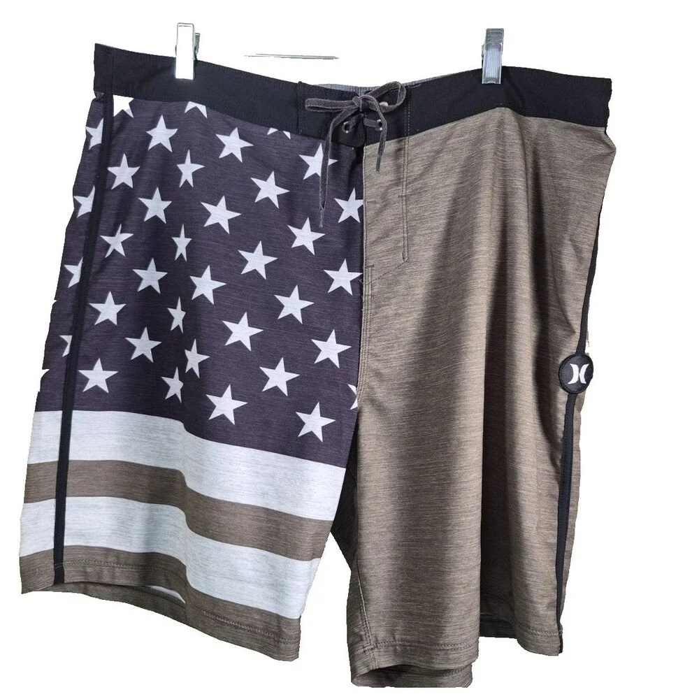 Hurley Men's Board Shorts Size 38 Green Black White American Flag Stars Swim